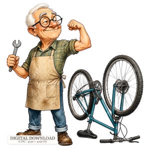 May include: An elderly character with white hair and round glasses wears a green plaid shirt, blue jeans, and a tan apron. The character holds a silver wrench and flexes one arm. Beside the character is a blue bicycle with black tyres.
