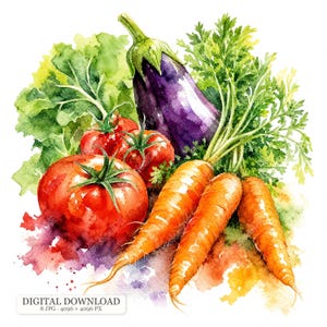 Op de afbeelding: Een aquarelillustratie van verse groenten met een dieppaarse aubergine, drie feloranje wortels met groen loof en twee levendige rode tomaten met groene steeltjes, tegen een witte achtergrond met de tekst DIGITAL DOWNLOAD.