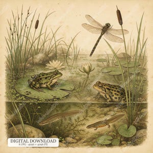 May include: A vintage-style illustration of a pond ecosystem featuring a green frog on a lily pad, a toad, two newts swimming underwater, and a dragonfly in flight. The scene includes cattails, water lilies, and rocks on a beige background.