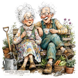 May include: An illustration of an elderly couple with white hair and round glasses sitting on a wooden bench, holding floral teacups. They wear gardening clothes, including a floral dress and overalls. Gardening tools, a watering can, and vegetables are nearby.