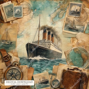 May include: A digital collage featuring a large steamship on a vintage map background, surrounded by antique postage stamps, a brown leather suitcase, a brass compass, and a globe, with the text "DIGITAL DOWNLOAD 8 JPG 4096 x 4096 PX".
