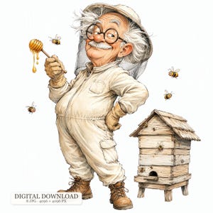 Könnte beinhalten: Eine Illustration eines älteren Imkers mit weißem Haar und runder Brille, der einen beigen Schutzanzug, einen Schleier und Handschuhe trägt. Die Figur hält einen hölzernen Honiglöffel mit tropfendem Honig, umgeben von kleinen Bienen und einem Bienenstock.