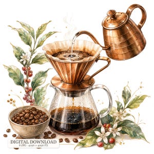 Könnte beinhalten: Ein kupfernes Pour-Over-Kaffeebereiter-Set mit Glaskaraffe, einem kupfernen Schwanenhalskessel beim Eingießen von Wasser, einer Schale mit gerösteten Kaffeebohnen sowie Kaffeepflanzenzweigen mit grünen Blättern, weißen Blüten und roten Kaffeekirschen.