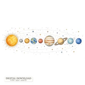 Könnte beinhalten: Eine Aquarellillustration des Sonnensystems mit der Sonne und acht Planeten, die auf Umlaufbahnen mit kleinen Sternen angeordnet sind. Der Text unten lautet DIGITAL DOWNLOAD 8 JPG 4096 x 4096 PX. Die Planeten sind in verschiedenen Farben und Größen dargestellt.