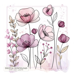 Könnte beinhalten: Eine digitale Illustration mit zarten Blumen-Linienzeichnungen in Rosa- und Violetttönen mit Aquarellakzenten. Das Kunstwerk zeigt verschiedene Blumenstiele, Knospen und Blätter, die in einem dünnen rechteckigen Rahmen angeordnet sind, beschriftet mit DIGITAL DOWNLOAD 8 JPG 4096 x 4096 PX.