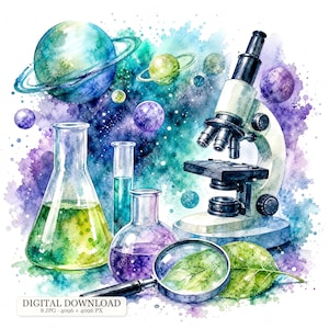 Puede incluir: Una ilustración en acuarela que muestra un microscopio, una lupa sobre una hoja verde, un matraz cónico con líquido amarillo, un tubo de ensayo con líquido verde y un matraz redondo con líquido morado sobre un fondo de planetas y estrellas.