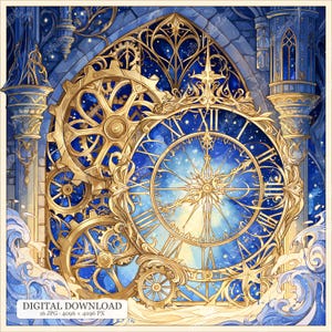 Könnte beinhalten: Eine digitale Illustration mit einem großen goldenen Zifferblatt mit römischen Ziffern und komplexen Zahnradmechanismen vor einem tiefblauen Sternenhintergrund. Das Design umfasst goldene Ornamente, architektonische Türme und stilisierte blaue Wellen.