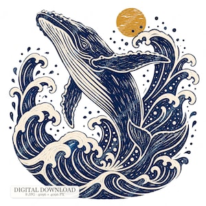 Puede incluir: Una ilustración azul oscuro de una ballena jorobada saltando a través de olas oceánicas estilizadas con un sol circular dorado arriba. La obra presenta líneas texturizadas e incluye el texto DIGITAL DOWNLOAD 8 JPG 4096 x 4096 PX abajo.