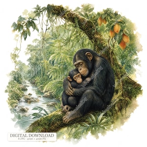 Peut inclure: Une illustration à l'aquarelle d'un chimpanzé tenant un bébé chimpanzé assis sur une branche d'arbre dans une jungle luxuriante avec un ruisseau et des fruits orange. Le texte indique DIGITAL DOWNLOAD 8 JPG 4096 x 4096 PX.