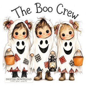 Pode incluir: Uma ilustração digital de três crianças vestidas de fantasmas com lençóis brancos, rostos sorridentes pretos, remendos xadrez vermelhos e pretos e laços de cabelo vermelhos com bolinhas. O texto diz The Boo Crew e DIGITAL DOWNLOAD 8 JPG 4096 x 4096 PX.