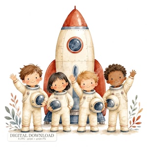 Könnte beinhalten: Eine Aquarellillustration von vier Kindern in cremefarbenen Astronautenanzügen vor einer großen weiß-roten Rakete. Jedes Kind hält einen runden Helm und winkt mit einer Hand. Der Text "DIGITAL DOWNLOAD 8 JPG 4096 x 4096 PX" ist zu sehen.