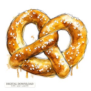 Könnte beinhalten: Eine Aquarellillustration einer goldbraunen Brezel mit dunklen Tintenumrissen und verstreuten weißen Salzkristallen. Das Kunstwerk zeigt die klassische Knotenform mit sichtbaren Farbspritzern und Tropfen und ist als digitaler Download verfügbar.
