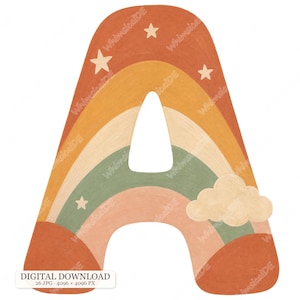 May include: A capital letter A shaped as a rainbow with muted orange, yellow, and green stripes. The letter features small cream-coloured stars scattered across the surface and a textured cream cloud on the right side. Text reads DIGITAL DOWNLOAD.