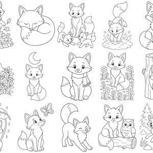 Può includere: Una collezione di quindici illustrazioni a tratto in bianco e nero con volpi dei cartoni animati in varie pose, tra cui giocare tra le foglie, dormire, sedersi con un gufo, nascondersi in un tronco d'albero e interagire con fiori, farfalle e pioggia.