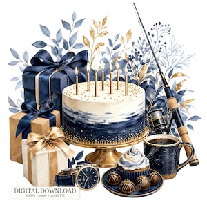 Op de afbeelding: Een verjaardagstaart op een gouden standaard, geschenkdozen met linten, een hengel, een polshorloge, een cupcake en een mok. De taart heeft blauw en wit glazuur met gouden strooisels en zes brandende kaarsjes.