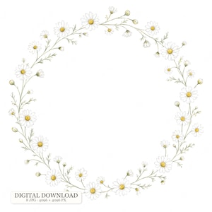 Könnte beinhalten: Eine kreisförmige Kranzillustration bestehend aus weißen Gänseblümchen mit gelben Mitten und grünen Stielen. Das Design zeigt verschiedene blühende Blumen und kleine Knospen, die in einem Ring angeordnet sind. Der Text unten lautet DIGITAL DOWNLOAD 8 JPG 4096 x 4096 PX.