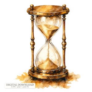 May include: An hourglass with a metallic gold frame and clear glass bulbs containing fine golden sand. The structure features a circular top and base with vertical supports. The text DIGITAL DOWNLOAD 8 JPG 4096 x 4096 PX is visible.