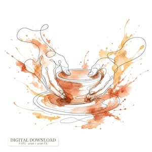 May include: A continuous line drawing of two hands shaping a clay bowl on a pottery wheel, accented with orange and brown watercolor splashes. The image includes the text DIGITAL DOWNLOAD 8 JPG 4096 x 4096 PX at the bottom left corner.