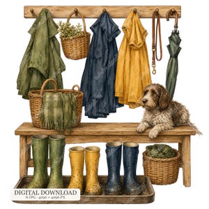 Könnte beinhalten: Eine hölzerne Garderobe mit einer grünen Jacke, einem Weidenkorb, einem marineblauen Mantel, einem gelben Regenmantel, einer Lederleine und einem grünen Regenschirm. Ein zotteliger Hund sitzt auf einer Holzbank mit Gummistiefeln und einem Weidenkorb.