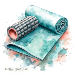 Op de afbeelding: Een aquarelillustratie van een opgerolde blauwgroene yogamat naast een grijze foamroller met een getextureerd rasteroppervlak en een perzikkleurige binnenkern. Het kunstwerk bevat zachte verfspatten in tinten blauwgroen en perzik op een witte achtergrond.