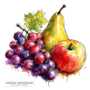 May include: A watercolor illustration of a cluster of purple grapes with a green leaf, a yellow pear, and a red apple. The artwork features loose ink outlines and vibrant paint washes. The text DIGITAL DOWNLOAD 8 JPG 4096 x 4096 PX is visible.