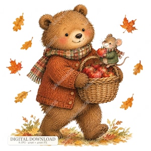 8 JPG Storybook Woodland Animals, Autumn Harvest Fox Bear Rabbit Badger, Cozy Sweater Scarf Clipart, Fall Forest Friends
