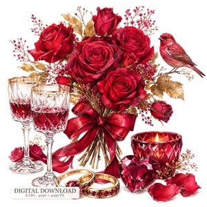 Könnte beinhalten: Eine digitale Illustration mit einem Strauß tiefroter Rosen mit goldenen Blättern, einem roten Vogel, zwei mit roter Flüssigkeit gefüllten Weingläsern aus Kristall, zwei Goldringen mit roten Steinen, einem roten herzförmigen Edelstein und einer roten Kerze.