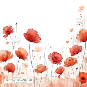 Könnte beinhalten: Eine digitale Illustration von roten Mohnblumen mit schwarzen Tuscheumrissen und Aquarelltexturen auf weißem Hintergrund. Das Kunstwerk zeigt verschiedene Mohnblüten und Knospen an dünnen Stielen, mit dem Text DIGITAL DOWNLOAD 8 JPG 4096 x 4096 PX.