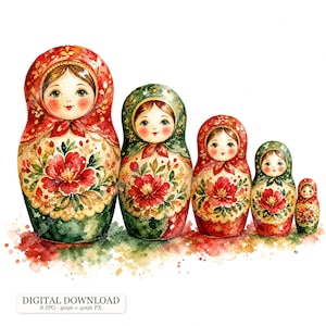 Könnte beinhalten: Ein Set aus fünf Matroschka-Puppen mit einer Aquarellillustration von Figuren mit bemalten Gesichtern, die Kopftücher und Kleider mit roten Blumenmustern und grünen Akzenten tragen. Der Text DIGITAL DOWNLOAD 8 JPG 4096 x 4096 PX ist sichtbar.