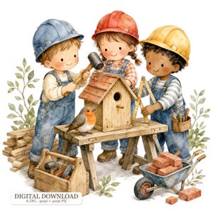 Puede incluir: Una ilustración en acuarela de tres niños con cascos de obra azul, rojo y amarillo y petos vaqueros construyendo una casita de pájaros de madera en un banco de trabajo. Un petirrojo está sobre la mesa, junto a herramientas y ladrillos.