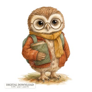 Op de afbeelding: Een aquarelillustratie van een bruine uil met een ronde bril, een mosterdgele sjaal en een roestkleurig vest. De uil draagt een groene rugzak en houdt een groen boek vast. De tekst DIGITAL DOWNLOAD 8 JPG 4096 x 4096 PX is zichtbaar.