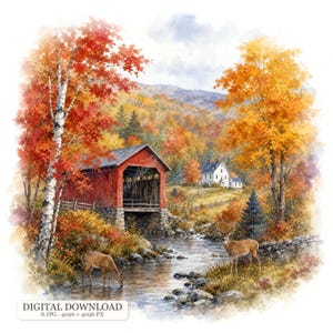 Op de afbeelding: Een aquarelillustratie van een herfstlandschap met een rode overdekte brug over een beek, een wit huis in de verte en twee herten. De scène bevat levendige oranje en rode bomen, een stenen muur en de tekst DIGITAL DOWNLOAD.