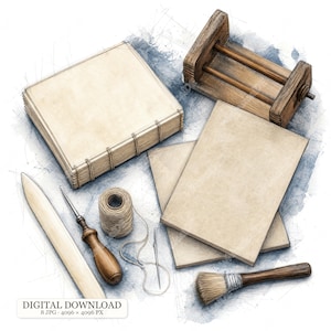 Pode incluir: Um kit de encadernação com uma pilha de papel bege, uma prensa de madeira, uma dobradeira, um furador com cabo de madeira, um carretel de linha, uma agulha e um pincel. O texto "DIGITAL DOWNLOAD 8 JPG - 4096 x 4096 PX" é visível abaixo.