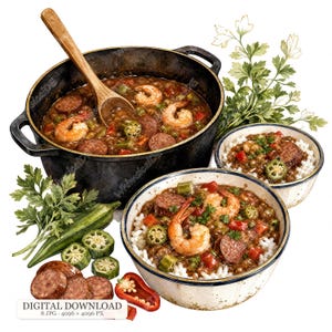 Può includere: Una pentola in ghisa nera con gumbo di gamberi, salsiccia a fette, gombo e peperoni, con un cucchiaio di legno. Due ciotole di gumbo su riso bianco, prezzemolo fresco, gombo e salsiccia. Testo: DIGITAL DOWNLOAD 8 JPG 4096 x 4096 PX.