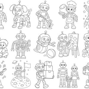 Peut inclure: Une collection de quinze illustrations en noir et blanc au trait représentant divers robots dans différentes activités, notamment le jardinage, la cuisine, la peinture, le jeu avec des blocs, la lecture, la musique et l'exploration spatiale.