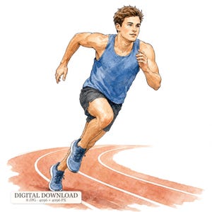 May include: A watercolour illustration of a runner in a blue tank top and black shorts sprinting on a red track. The runner has brown hair and is wearing blue athletic shoes. The image includes the text DIGITAL DOWNLOAD 8 JPG 4096 x 4096 PX.