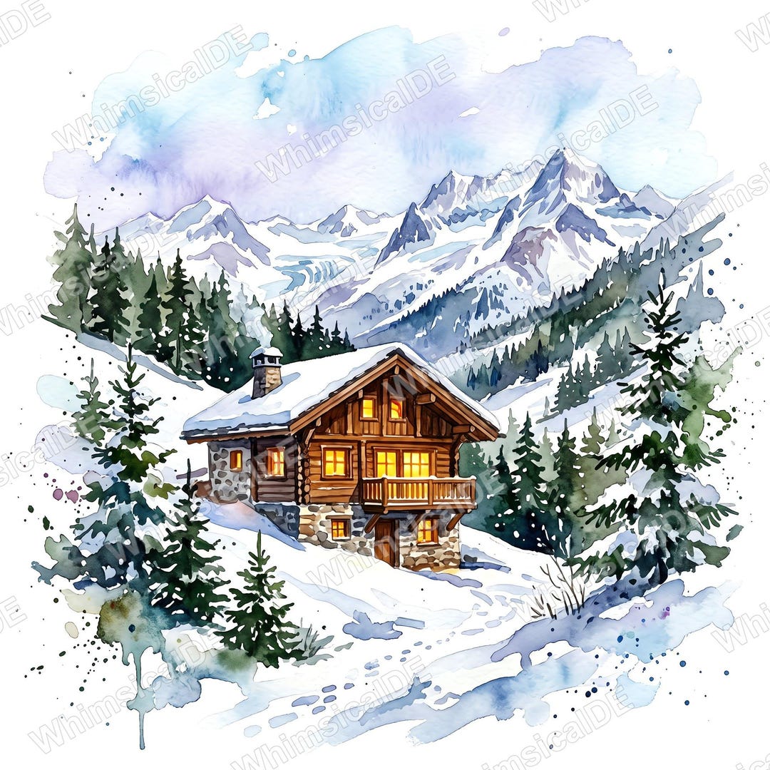 10 Watercolor Winter Cabin Clipart, Snowy Landscape Prints, Christmas ...