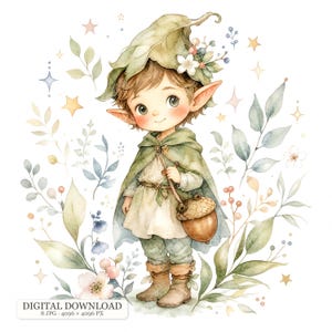 May include: A watercolor illustration of a small elf wearing a green leaf hat, a green cloak, and brown boots, holding a large acorn bag. The character is surrounded by soft-toned botanical elements, including leaves, small flowers, and stars.