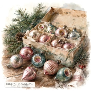 May include: A collection of vintage-style glass Christmas ornaments in shades of pink, blue, and silver, featuring round and teardrop shapes with ribbed details. The ornaments are displayed inside and around a partitioned cardboard box.