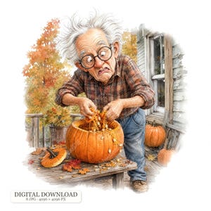 Könnte beinhalten: Eine digitale Illustration einer älteren Person mit wildem weißem Haar und runder Brille, die ein kariertes Hemd und eine blaue Jeans trägt und Kerne aus einem großen orangefarbenen Kürbis auf einem Holztisch mit Herbstlaub schöpft.