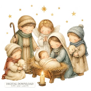 Op de afbeelding: Een aquarelillustratie van een kerststalscène met een baby in een kribbe, een figuur met een blauwe hoofddoek, een engel en drie kinderen in winterkleding die lammetjes vasthouden, omringd door gouden sterren en een brandende kaars op de voorgrond.