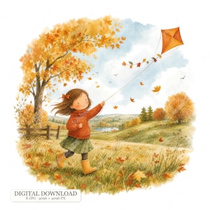 Könnte beinhalten: Eine Aquarellillustration eines Kindes mit braunen Haaren, das einen roten Pullover, einen grünen Rock und gelbe Stiefel trägt und durch ein herbstliches Feld rennt, während es einen orangefarbenen, rautenförmigen Drachen steigen lässt.