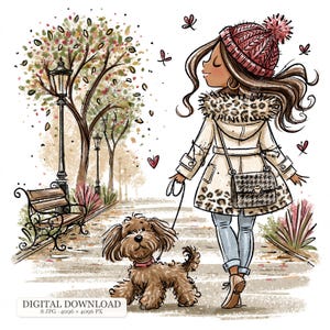 Könnte beinhalten: Eine digitale Illustration einer Person mit langem braunem Haar, die eine rote Strickmütze, einen beigen Mantel mit Leopardenmuster-Besatz und eine Umhängetasche mit Hahnentrittmuster trägt und einen kleinen braunen Hund an der Leine ausführt.