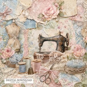 8 JPG Shabby Sewing Room, Vintage Sewing Machine, Pink Roses, Lace, Sewing Supplies, Crafting Art