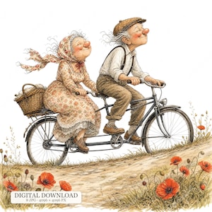 May include: An illustration of an elderly couple riding a black tandem bicycle on a dirt path with red poppies. The person in front wears a flat cap, white shirt, and brown trousers. The person in back wears a floral dress and headscarf.