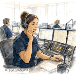 May include: A watercolour illustration of a customer service representative wearing a black headset and a dark blue polo shirt, sitting at a desk with multiple computer monitors, a keyboard, a mouse, and a black mug, with text reading DIGITAL DOWNLOAD.