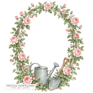 Könnte beinhalten: Ein ovaler Kranz aus rosa Rosen und grünen Blättern umgibt eine Gießkanne aus verzinktem Metall und eine Gartenschaufel aus Metall mit Holzgriff. Ein weißes rechteckiges Etikett unten zeigt DIGITAL DOWNLOAD 8 JPG 4096 x 4096 PX.