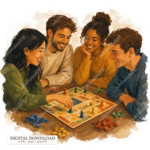 Può includere: Un'illustrazione digitale di quattro persone che giocano a un gioco da tavolo con una griglia, pedine colorate e piccole tessere quadrate. Il testo "DIGITAL DOWNLOAD 8 JPG 4096 x 4096 PX" è visibile nella parte inferiore.