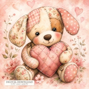 Könnte beinhalten: Ein Stoffhund aus Patchwork-Stoff in Rosa-, Creme- und Brauntönen mit Blumen-, Karomustern und Punkten. Der Hund hält ein großes, gestepptes rosa Herz und ist von illustrierten rosa Herzen und Blumen umgeben.
