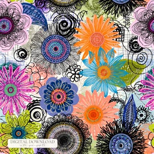 Könnte beinhalten: Ein digitales Muster mit einer lebendigen Anordnung stilisierter Blumen in den Farben Pink, Orange, Blau, Grün und Schwarz. Das Design enthält komplexe Linienführungen, kreisförmige Motive und gekritzelte Texturen auf einem weißen Hintergrund mit Text.